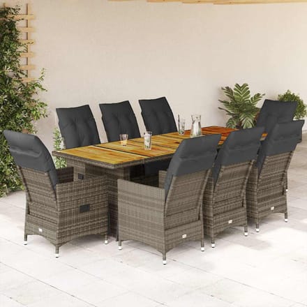 vidaXL - 9-delige - Bistroset - met - kussens - poly - rattan - grijs