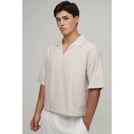 Oversized Boxy Poplin Stripe V-Neck Polo T-Shirt | Light Grey | Size Small