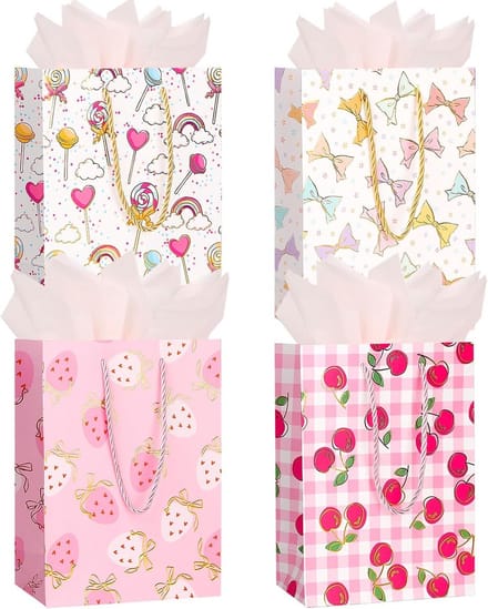 Luxe Geschenkzakken Middelgroot (4 stuks) met Zijdepapier - Wit & Roze Cadeau Verpakking