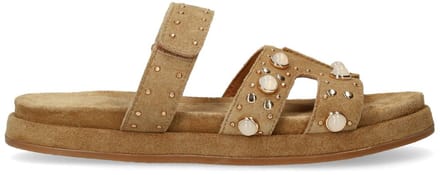 Manfield - Dames - Cognac suède slippers met bandje - Maat 36