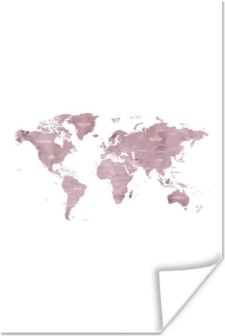 Poster Wereldkaart - Roze - Marmer - 20x30 cm