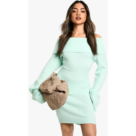boohoo Dames Rib Bardot decollete Mini Jumper Jurk | Munt | Maat: Medium