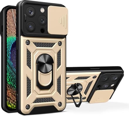 Hoesje geschikt voor iPhone 15 Pro Max met Ringhouder en Camera schuifje - Arara backcover - Goud