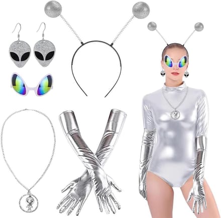 Alien kostuumset voor dames met accessoires, haarband en goggles voor Halloween en carnaval
