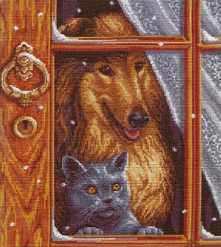borduurpakket kat en hond voor het raam
