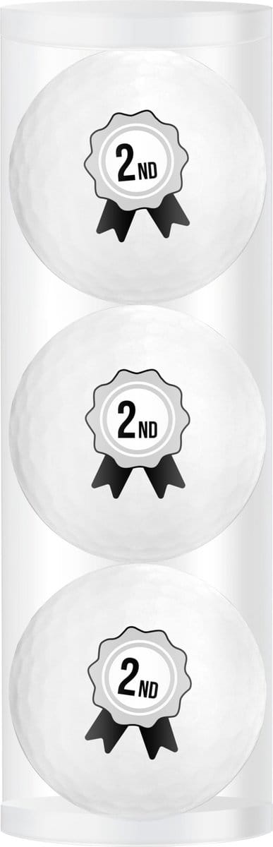 Golfpresentjes-Golfbal-2e prijs- 3 golfballen in koker met bedrukking 2e prijs -golfcadeau-golfprijs-golfgadger