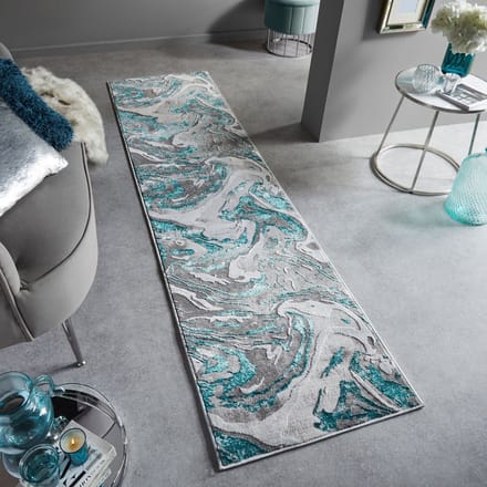 Flycarpets Loper Modern Vloerkleed - Marbled - Laagpolig - Marmer - Blauw - 80x300 cm