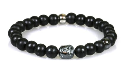 IbizaMen - Zwart hout 8mm - hematiet buddha RVS - 20cm