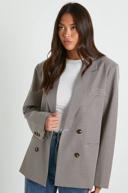 boohoo Dames Tonal Mini Geruit Oversized Getailleerde Blazer | Steen | Maat: 40