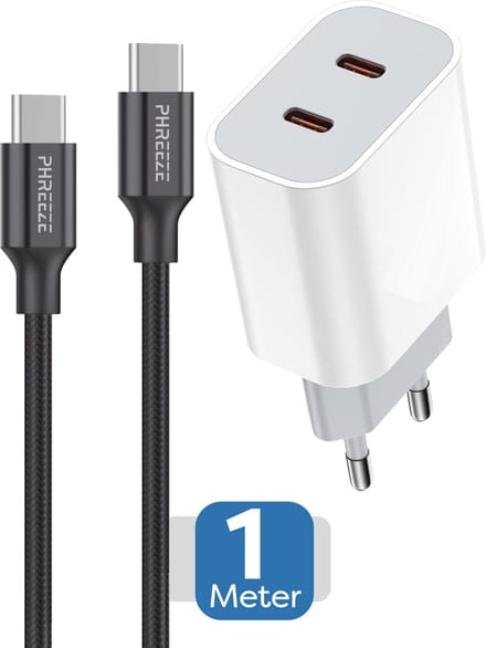 Usb C Oplader 40w - Dubbele usb C Lader + usb C Kabel 1 Meter - Telefoon Oplader, Tablet Oplader, E reader Oplader - Snellader 2 Poorten