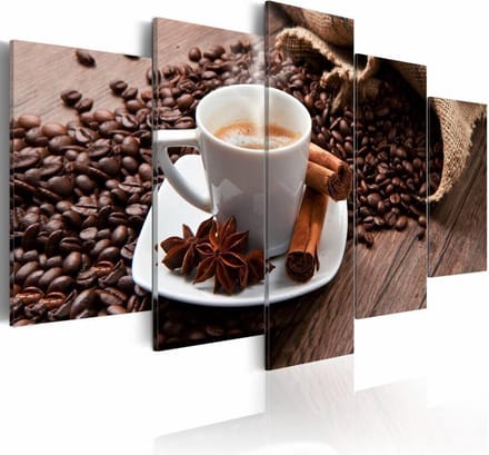 Schilderij - Goede start van de dag, koffie, 5 luik, Bruin/Wit, 2 maten, Premium print