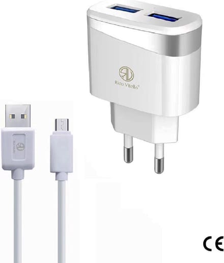 Oplader Rico Vitello, thuislader 2,4A  en kabel 1 meter wit, Micro USB kabel, travel charger , CE certificate