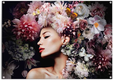 Tuinposter Vrouw met bloemenhoed - 100 x 140 - Canvas - REINDERS