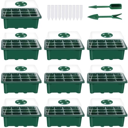 10 Set Zaadtrays Zaailingen Startertray (12 Cellen per Tray) met Verstelbare Koepeldeksels en Basis Plus groen