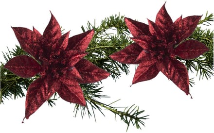 Kerstboomversiering Kerstster - 2x - 15 cm - rood glitter - op clip - ornament