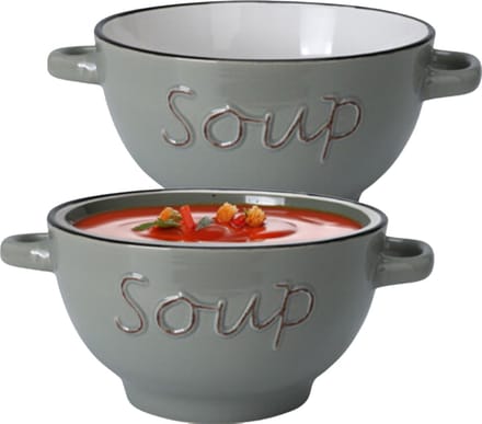 Excellent Houseware soepkom gres - 2x - lichtgrijs - porselein - D14 cm - serveer/snackschaaltje
