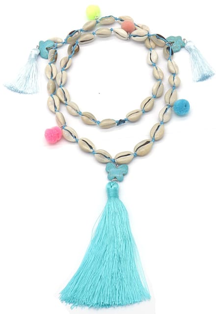 Lange Ketting Boho - Kwasten en Schelpen - Lengte 90 cm - Blauw