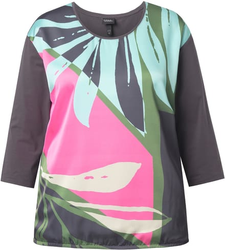 Ulla Popken - Dames - Shirt satijn oversized ronde hals 3/4-mouw - Antraciet - Maat 58+
