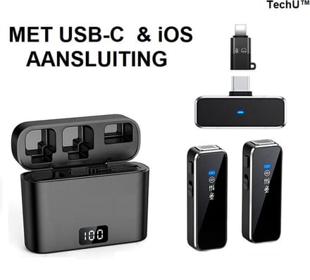 TechU™ 2 Stuks Draadloze Microfoon Mini – Aansluiting voor iOS Apple & USB-C Android – Audio, Interview & Podcast Opnemen – Inclusief Opbergdoosje – Zwart