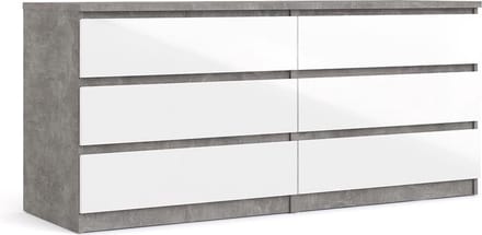 Nada kommode breed met 6 lades, betondecor/wit hoogglans.