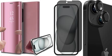 Hoesje geschikt voor iPhone 15 - Privacy Screenprotector FullGuard & Camera Lens Screen Protector Zwart - Book Case Spiegel Roségoud