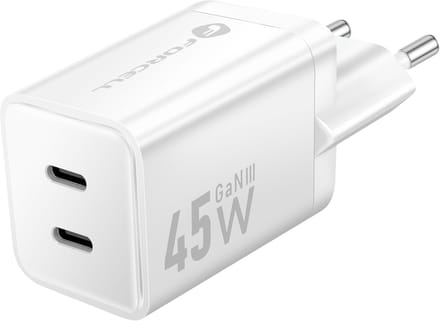 Forcell, GaN III Oplader 45W - Dual Poort USB-C PD / QC 4.0 - Ultra Compact, Wit