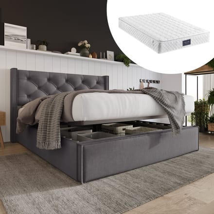 SINGULARITY-Hydraulisch tweepersoonsbed gestoffeerd bed 140x200cm- modern bedframe met opbergruimte- grijs met matras