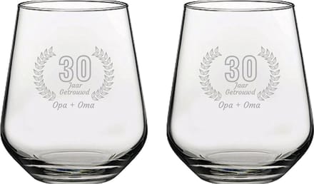 Gegraveerde set Drinkglazen 42,5cl Opa + Oma 30 jaar getrouwd