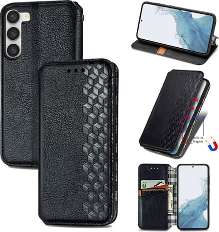Luxe PU Lederen Ruitpatroon Wallet Case + PMMA Screenprotector voor Galaxy S23 Plus _ Zwart