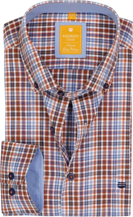 Redmond modern fit overhemd - twill - oranje - lichtblauw - wit - donkerblauw geruit