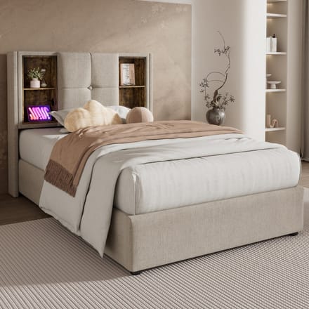 SINGULARITY-Eenpersoonsbed met draadloos opladen USB C- gestoffeerd bedframe 90x200cm- bedframe met opbergruimte lattenbodem- linnengoed met matras