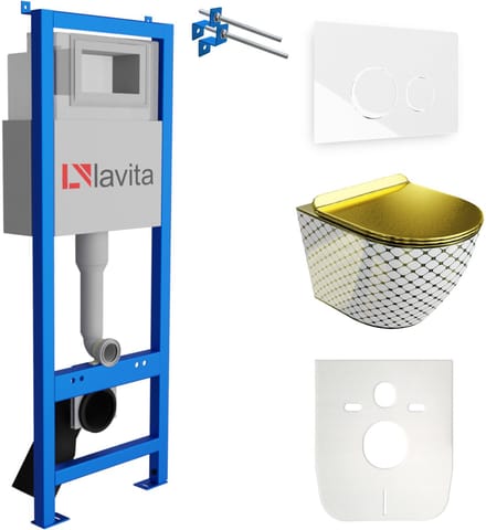LAVITA complete toiletset SOFI SLIM CHECKED goud LAV 101 LAV 200.4.1 randloos wit