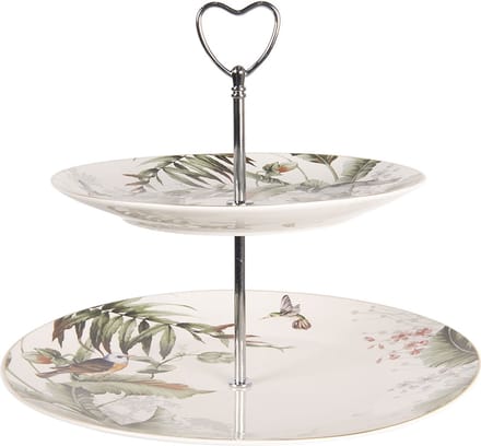 Clayre & Eef Etagère 2 laags Ø 26x24 cm Wit Groen Porselein Vogels