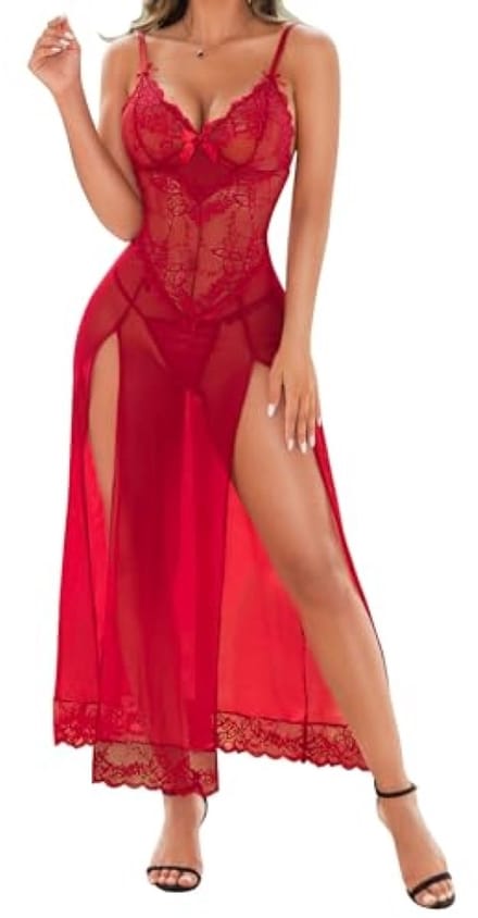 Dames nachthemd met kant, babydoll model in dieprood - maat S