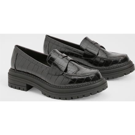 boohoo Dames Chunky Croco Banddetail Loafers | Black | Maat: 3