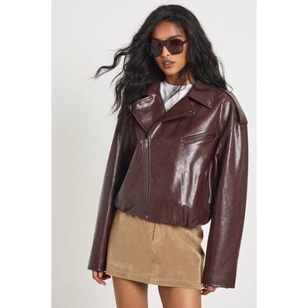 boohoo Dames Kunstleren Biker Jacket met Bubble Zoom | Bordeaux Rood | Maat: 36