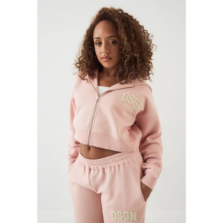 Dames DSGN Studio Badstof Applique Boxy Crop Hoodie met Rits | Lichtroze | Maat: Medium