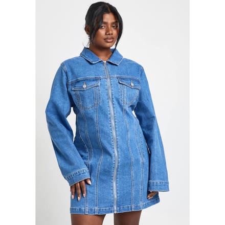 boohoo Dames Plus Size Denim Jurk met Rits | Mid Blue | Maat: 26