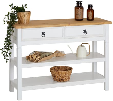 TEQUILA-console, massief grenen, wit/bruin, met 1 lade en 2 legplanken, Mexico