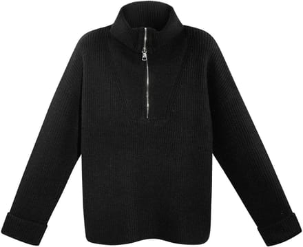 Moderne Gebreide Vrouwen Trui met Half-Rits - Zwart - Maat S/M