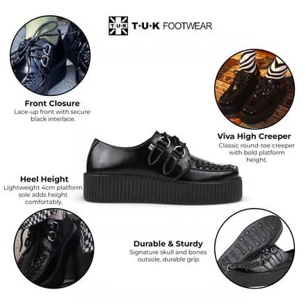 TUK Viva High Creeper Zwarte Leren Platform Veterschoenen Goth - AV6802