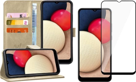 Hoesje geschikt voor Samsung Galaxy A02s - Screen Protector FullGuard - Book Case Kunstleer Pasjeshouder Goud & Screenprotector