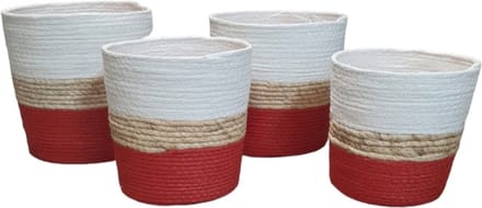 Mica Decorations Decoratieve manden/ bloempotten, rood wit ,Set van 4,Grootste maat is H25xD25cm