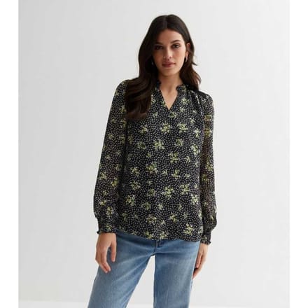 Dobby bloemen blouse met gesmokte hals en lange mouwen