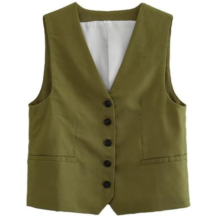 Willshela Damesmode Solid Single Breasted Vest Vintage V-hals Mouwloos Vrouwelijke Chic Lady Tank Tops S legergroene kleur
