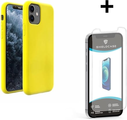 ShieldCase Silicone case geschikt voor Apple iPhone 12 Mini - 5.4 inch - optimale bescherming - siliconen hoesje - backcover - geel + glazen Screen Protector