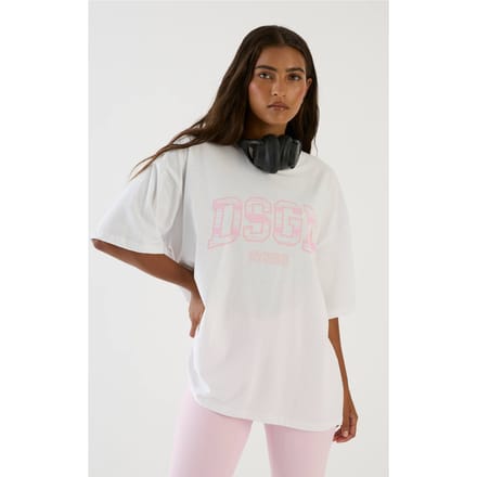 Dames Dsgn Studio Oversized T-shirt Met Collegiate Streep Print | Wit | Maat: Medium