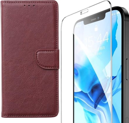Bookcase Geschikt voor: iPhone 12 Pro Max - Bordeaux - Portemonnee hoesje + 2X Tempered Glas Screenprotector
