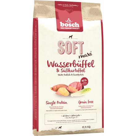 Dubbelpak 2 x 12,5kg Bosch HPC Soft Maxi waterbuffel & Zoete aardappel droogvoer voor honden