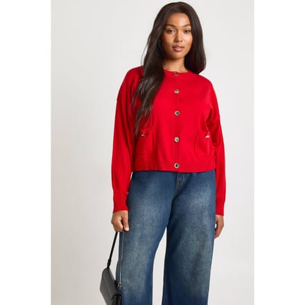 boohoo Dames Plus geribbelde gebreide cardigan met knopen | Rood | Maat: 56